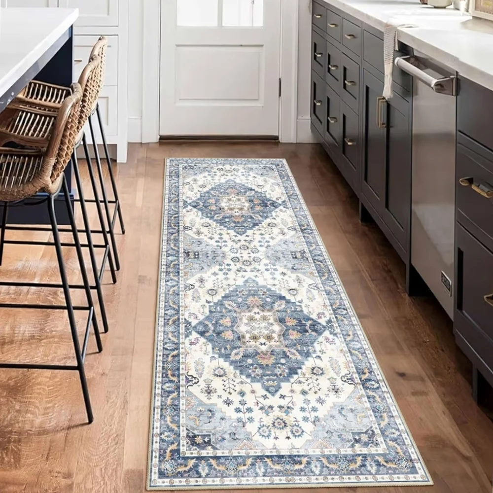 NWT 2'x6' Boho Rug Runner Non-Slip Machine Washable In Blue/Cream/Beige/Gray